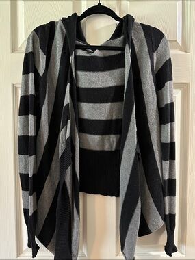 Express Black & Gray Striped Open-Front Hooded Cardigan